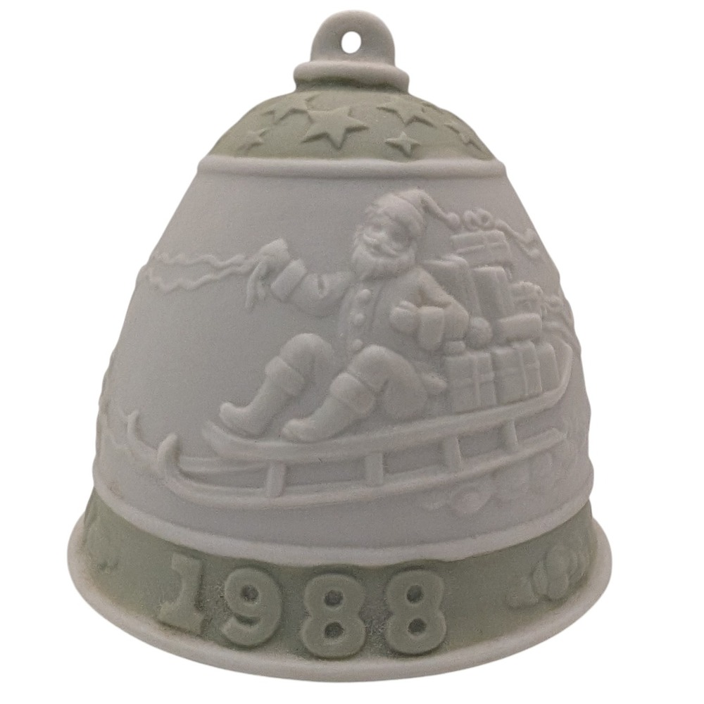 Vintage Lladro Christmas Bell Ornament 1988‎ Green Santas Sleigh Porcelain Spain